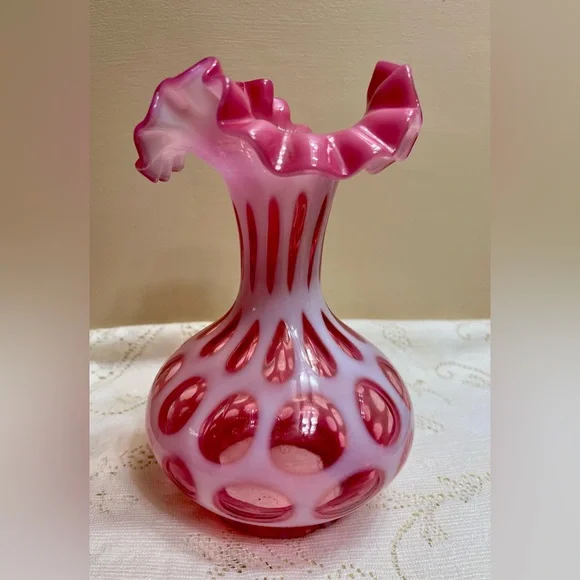 Vintage Fenton Opalescent Coin Dot Cranberry Boudoir Glass Lamp Light PAIR Marbl - Picture 9 of 16
